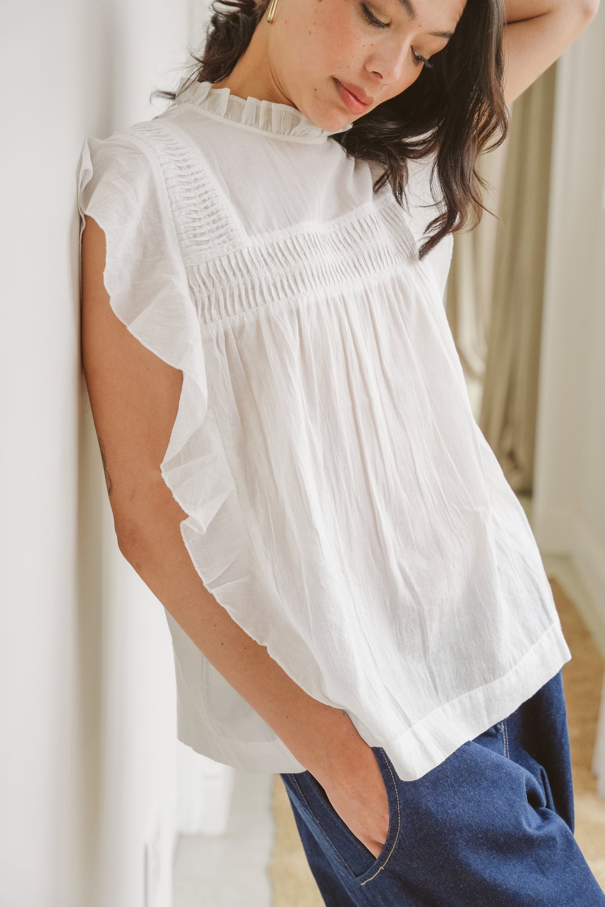 Ripple Cotton Pin-Tuck Blouse